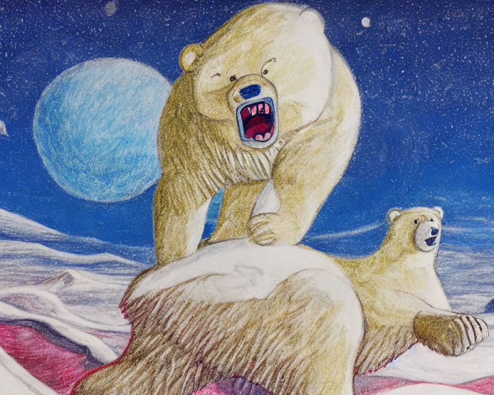 Two polar bears under night sky: one roaring, one on ice floe, full moon.