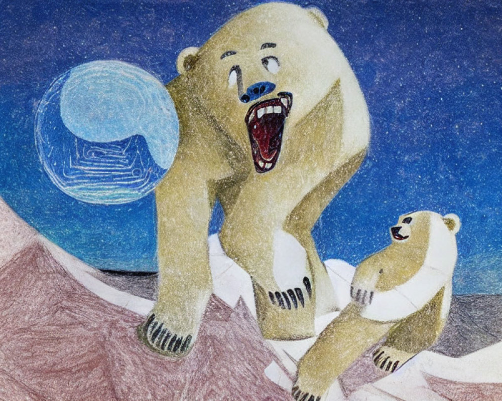 Illustration of two polar bears under starry sky: one roaring, the other looking up