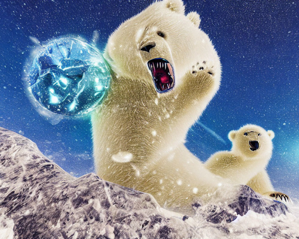 Polar bear and cub with blue energy shield under starry sky