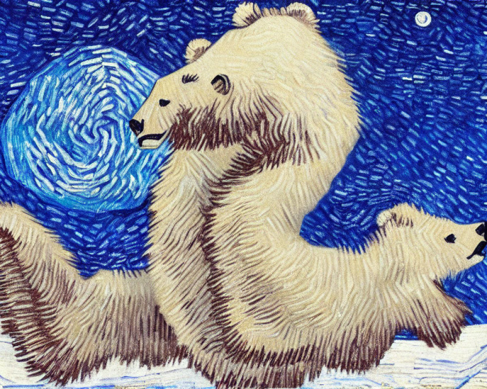 Two polar bears in swirling night sky illustration