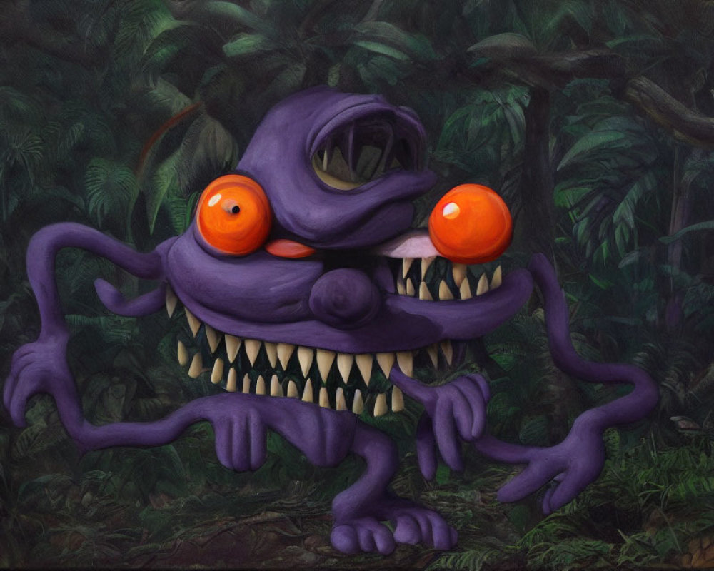 Colorful painting of whimsical purple creature in forest landscape