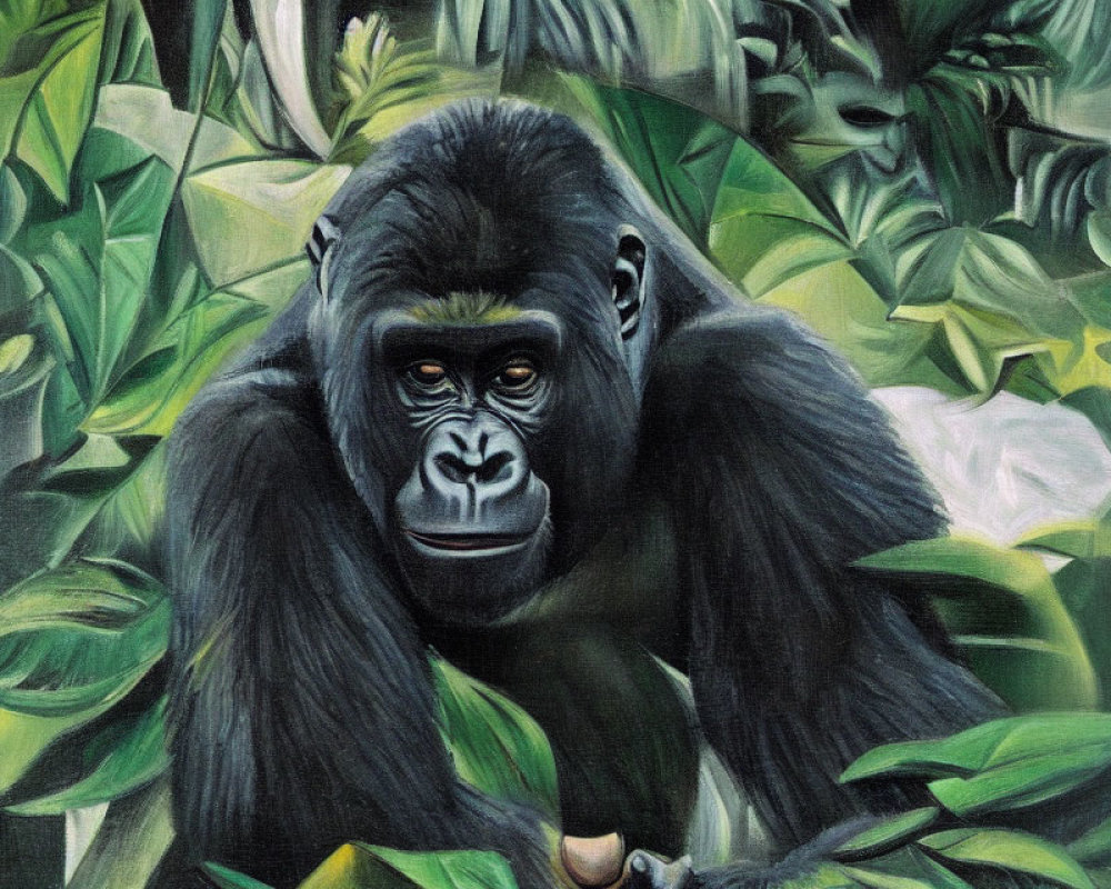 Gorilla Oil Painting in Dense Green Foliage