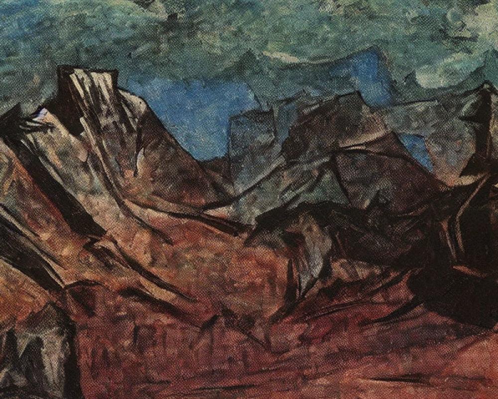 Cubist abstract painting of rugged mountains under a tumultuous sky