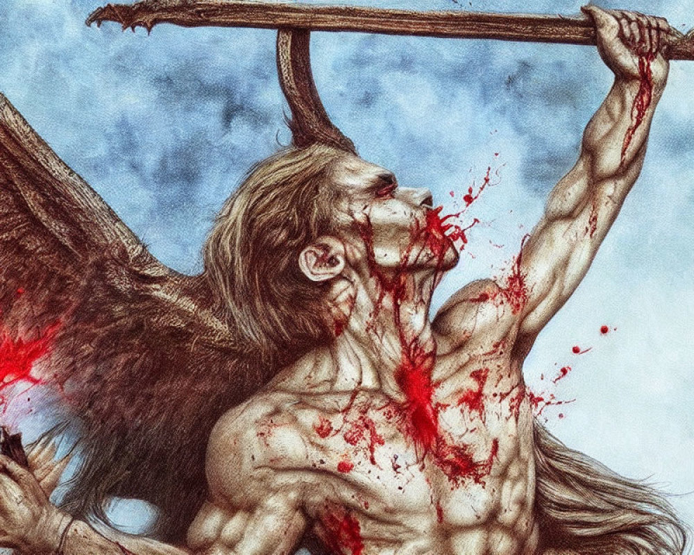 Muscular winged figure bleeding, holding wooden beam under tumultuous sky