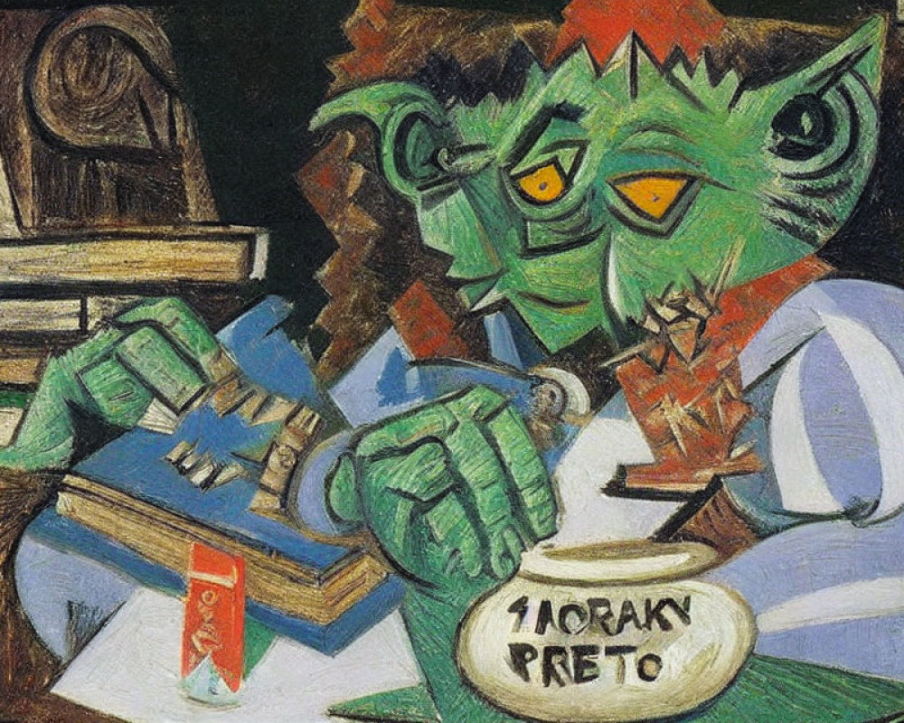 Abstract painting: Green-skinned figure with yellow eyes at table with book, ashtray, cigarette