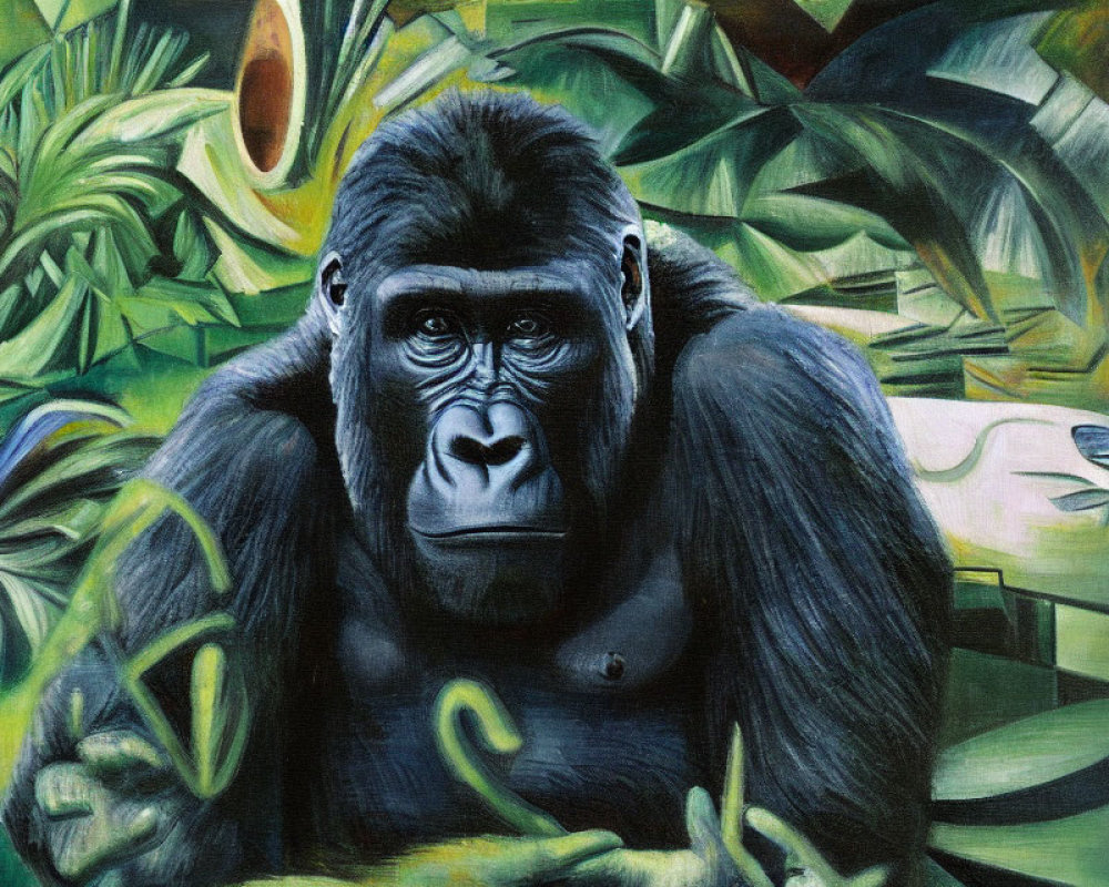 Gorilla painting with pensive expression in lush jungle setting