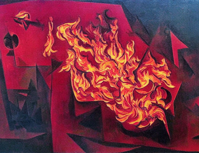 Vivid flames and geometric shapes in abstract painting