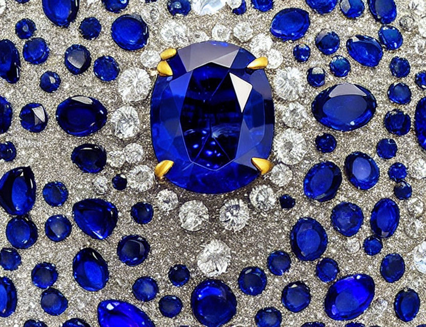 Large Oval Blue Sapphire Surrounded by Diamonds and Smaller Sapphires