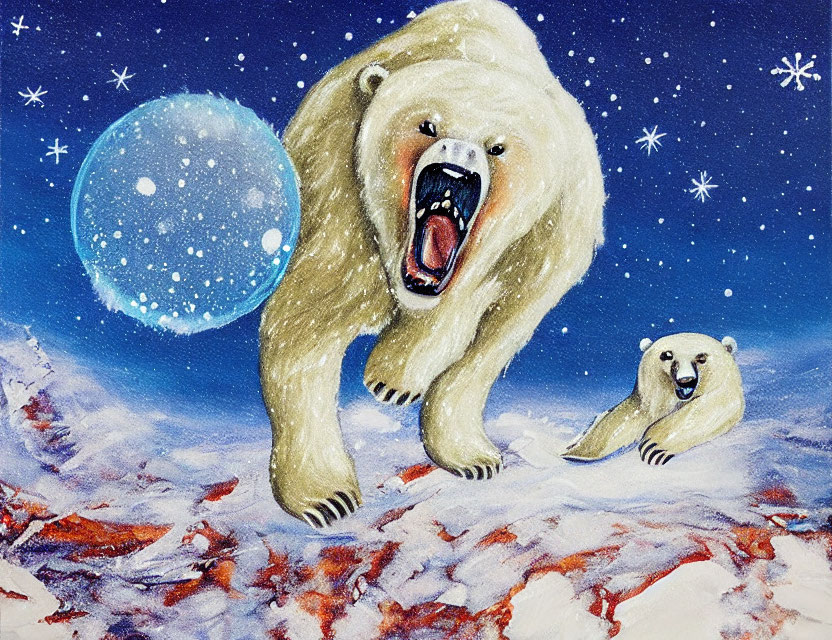 Polar bears painting: Roaring bear, lying bear, snowy landscape