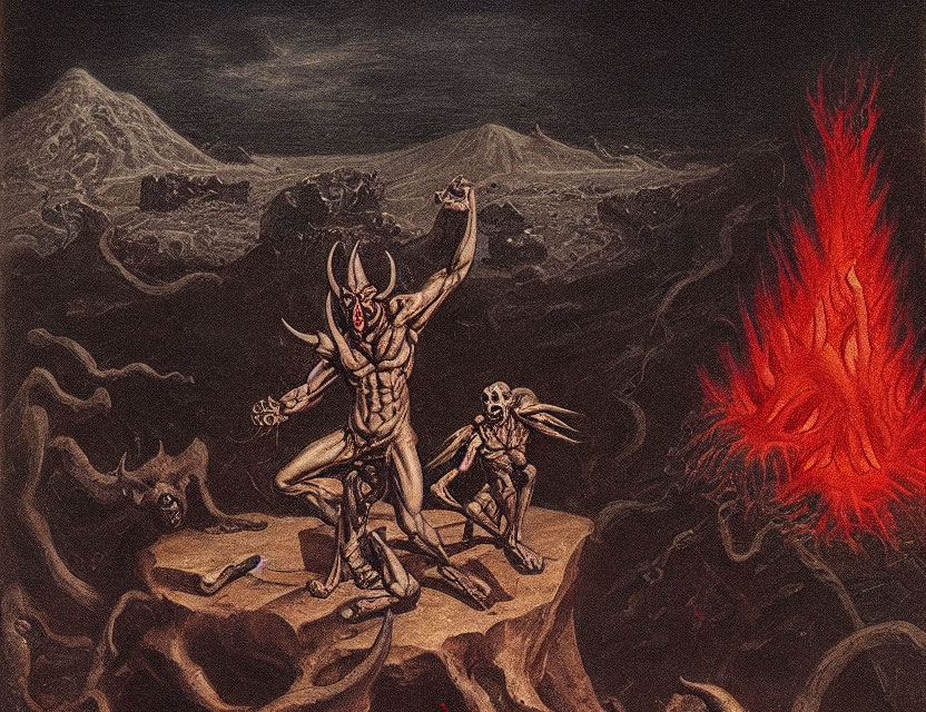 Dark painting of demon-like figures in fiery hellish landscape