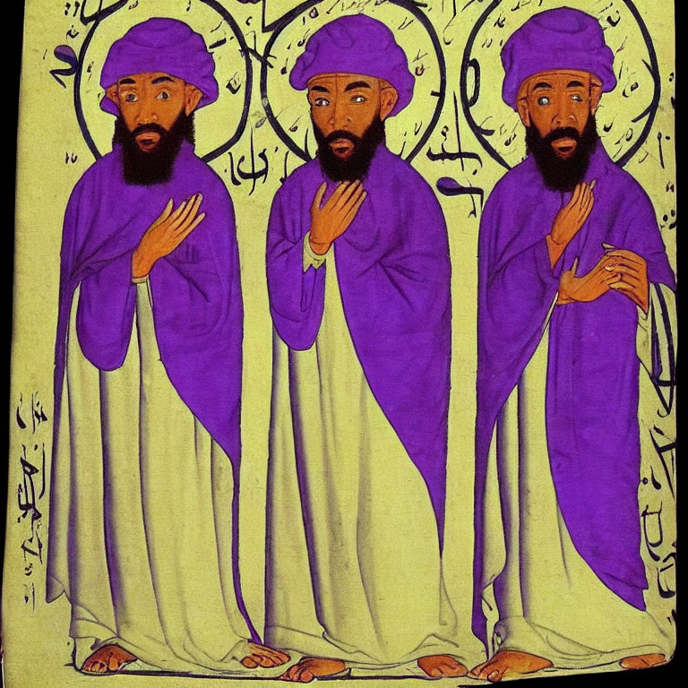 Three Figures in Purple Robes with Beards and Head Coverings on Yellow Background with Arabic Script