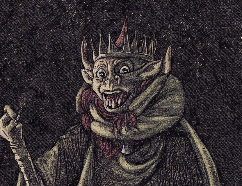 Illustration of Sinister Creature in Crown and Cloak on Dark Background