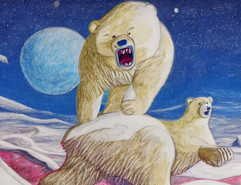 Two polar bears under night sky: one roaring, one on ice floe, full moon.