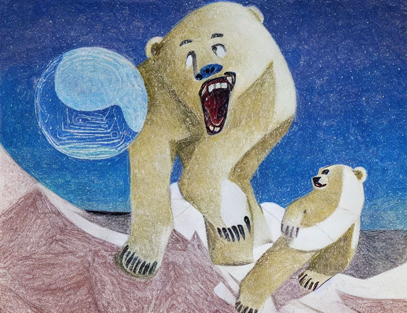 Illustration of two polar bears under starry sky: one roaring, the other looking up