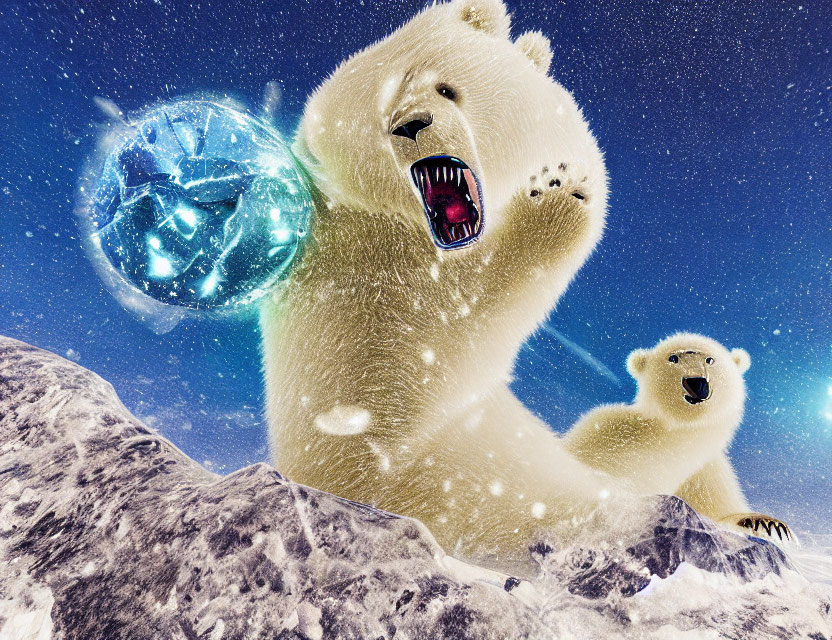 Polar bear and cub with blue energy shield under starry sky