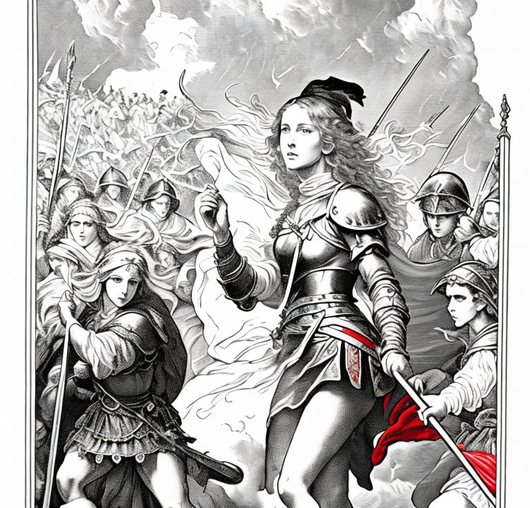 Monochrome illustration of a determined woman in armor leading troops into battle