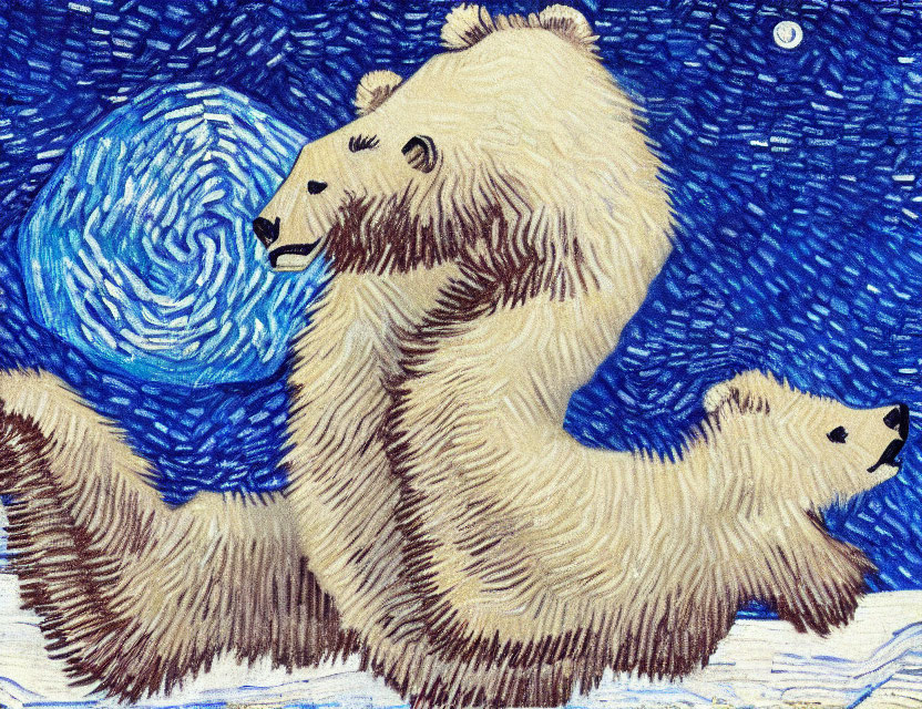 Two polar bears in swirling night sky illustration