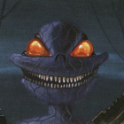 Purple creature with wide grin and orange eyes on dark background