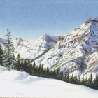 Snowy Mountains Painting with Blue Sky and Evergreen Trees