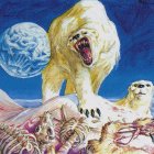 Polar bears painting: Roaring bear, lying bear, snowy landscape