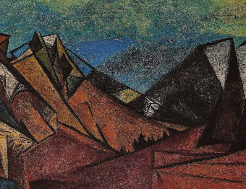 Cubist Landscape Painting: Angular Brown and Black Mountains on Blue and Green Background