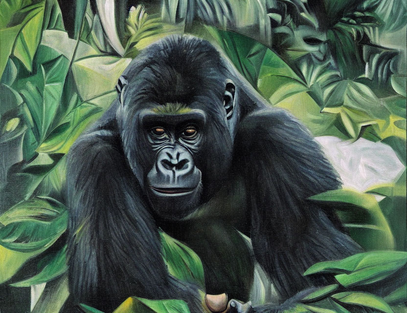 Gorilla Oil Painting in Dense Green Foliage