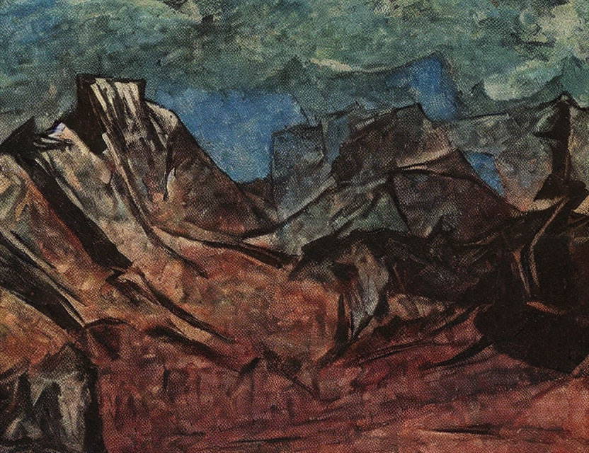 Cubist abstract painting of rugged mountains under a tumultuous sky