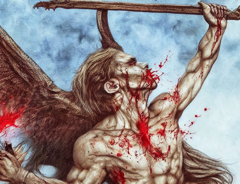 Muscular winged figure bleeding, holding wooden beam under tumultuous sky