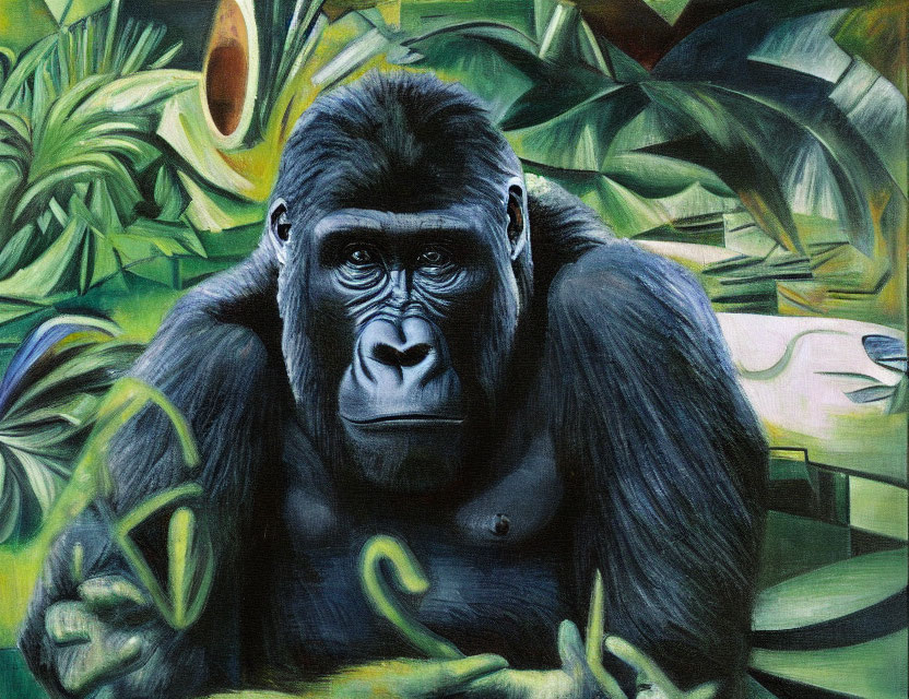 Gorilla painting with pensive expression in lush jungle setting