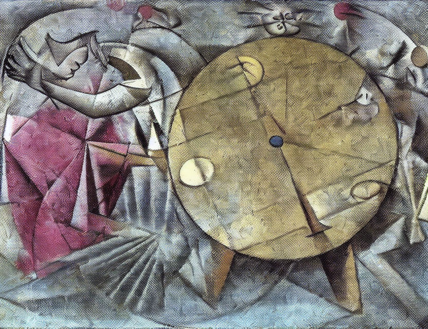 Geometric Cubist Painting with Figures and Clock in Beige, Pink, Grey