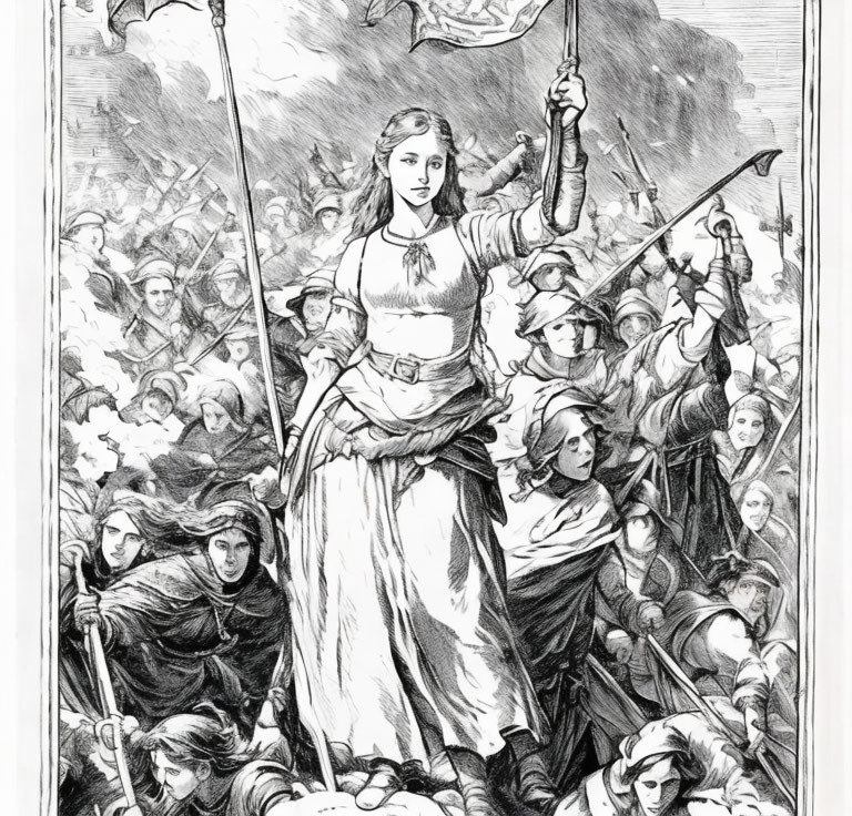 Monochrome illustration of woman with sword leading soldiers