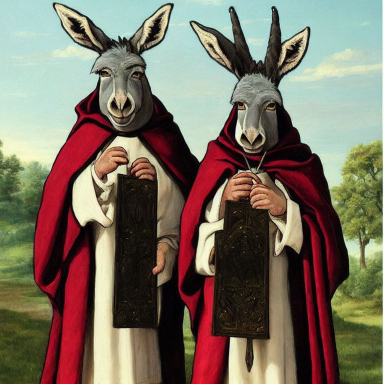 Anthropomorphic donkeys in red cloaks with tablets in a scenic landscape