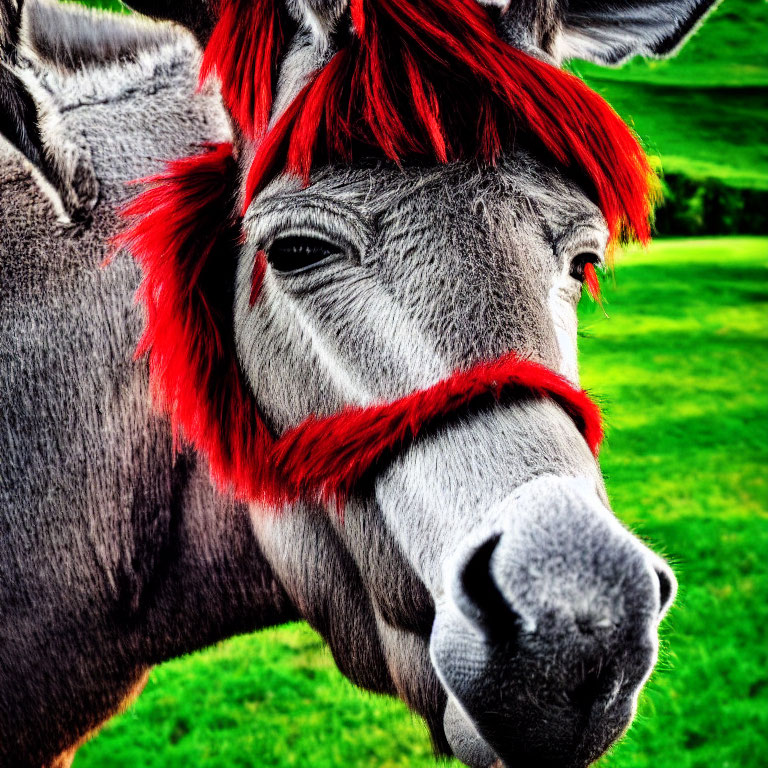 Donkey with Red Hair and Bridle on Green Grass