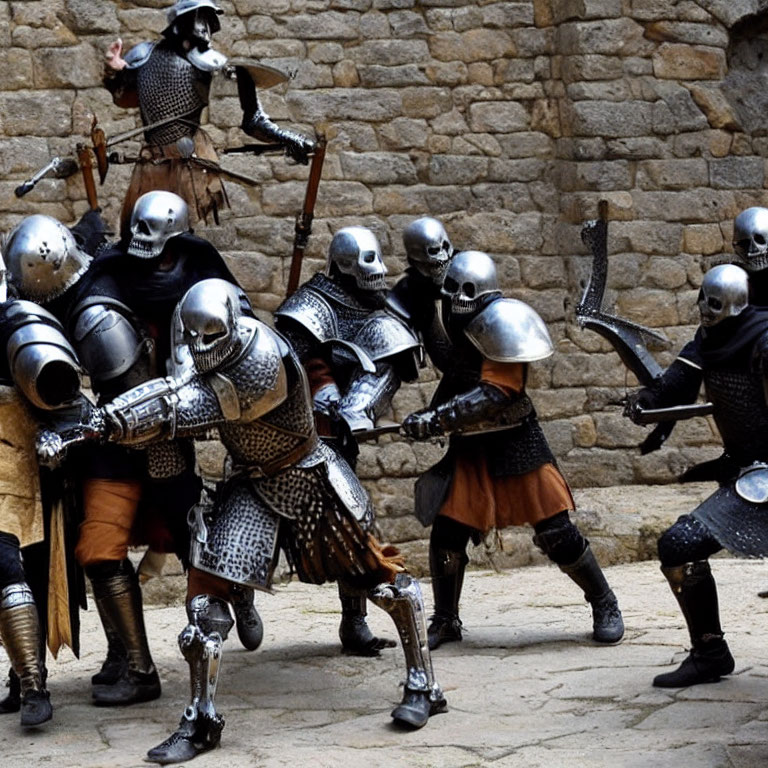 Medieval armored knights combat with swords and axes in stone courtyard