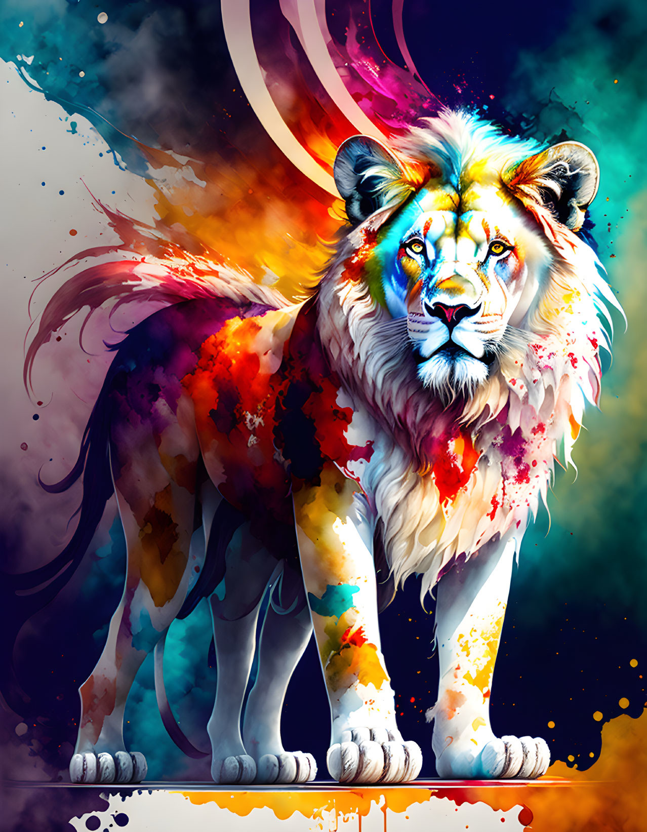 Colorful Lion Illustration with Cosmic Background