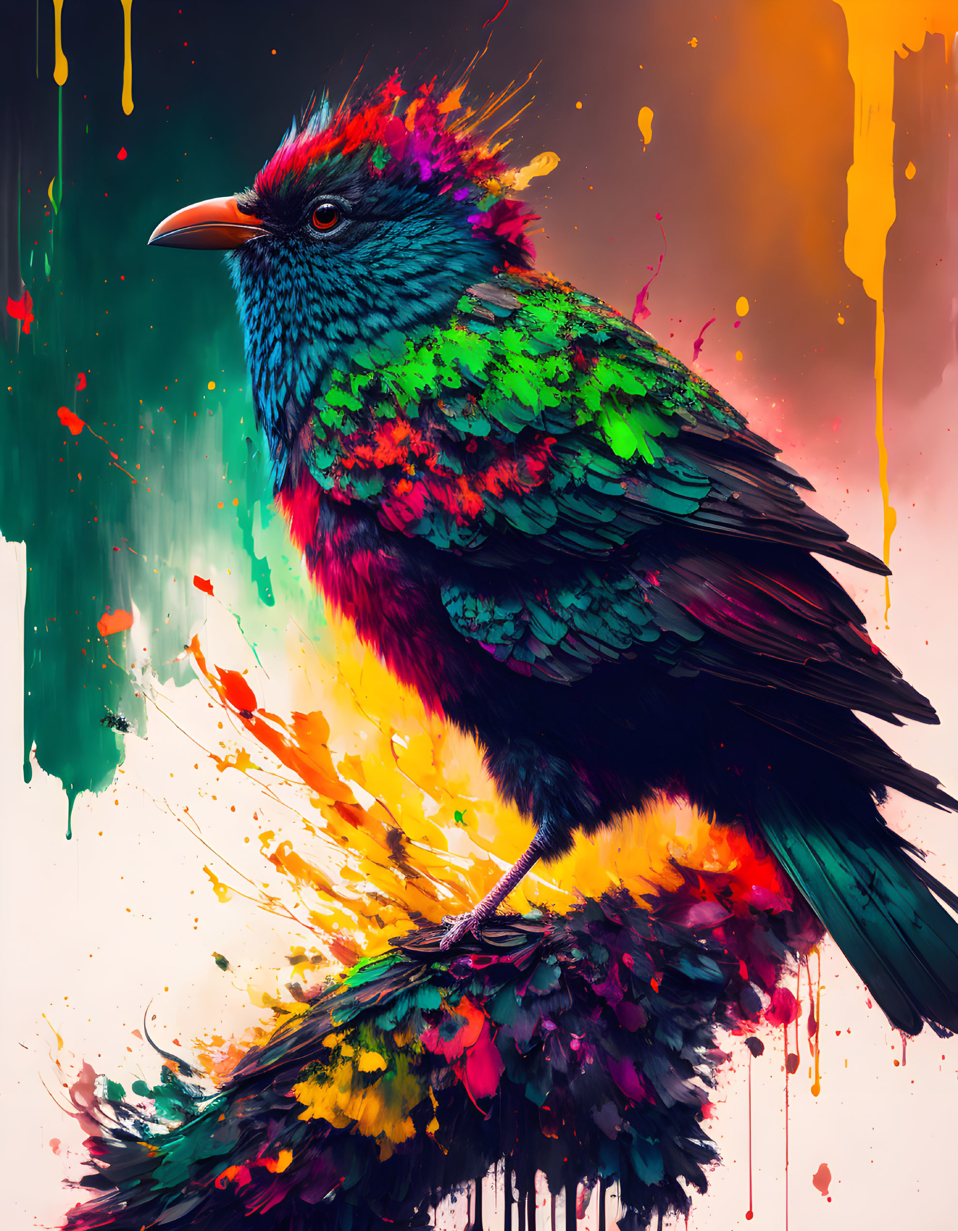 Colorful bird digital artwork with splattered paint effects - vibrant and artistic representation