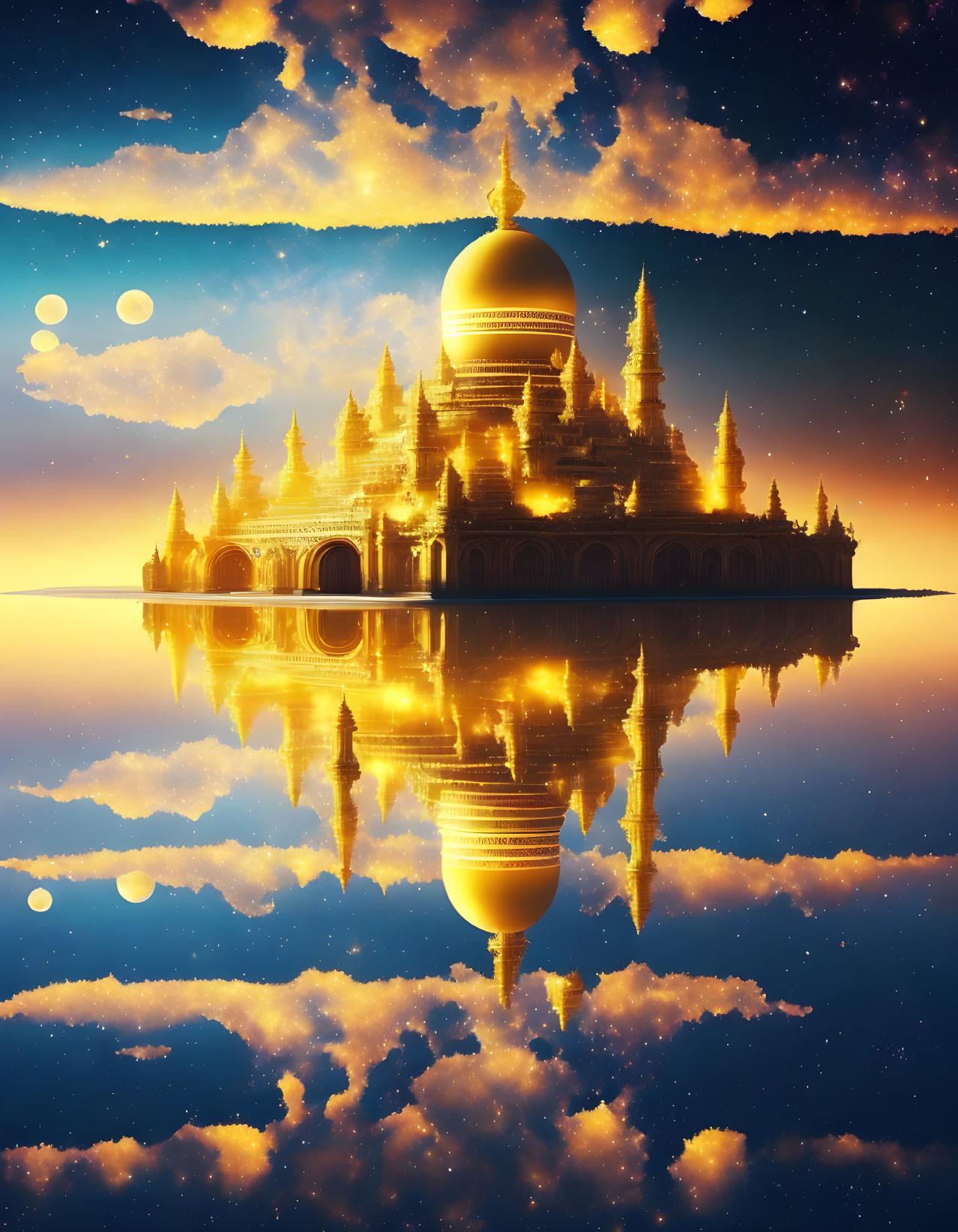 Golden temple with spires reflected in water under twilight sky