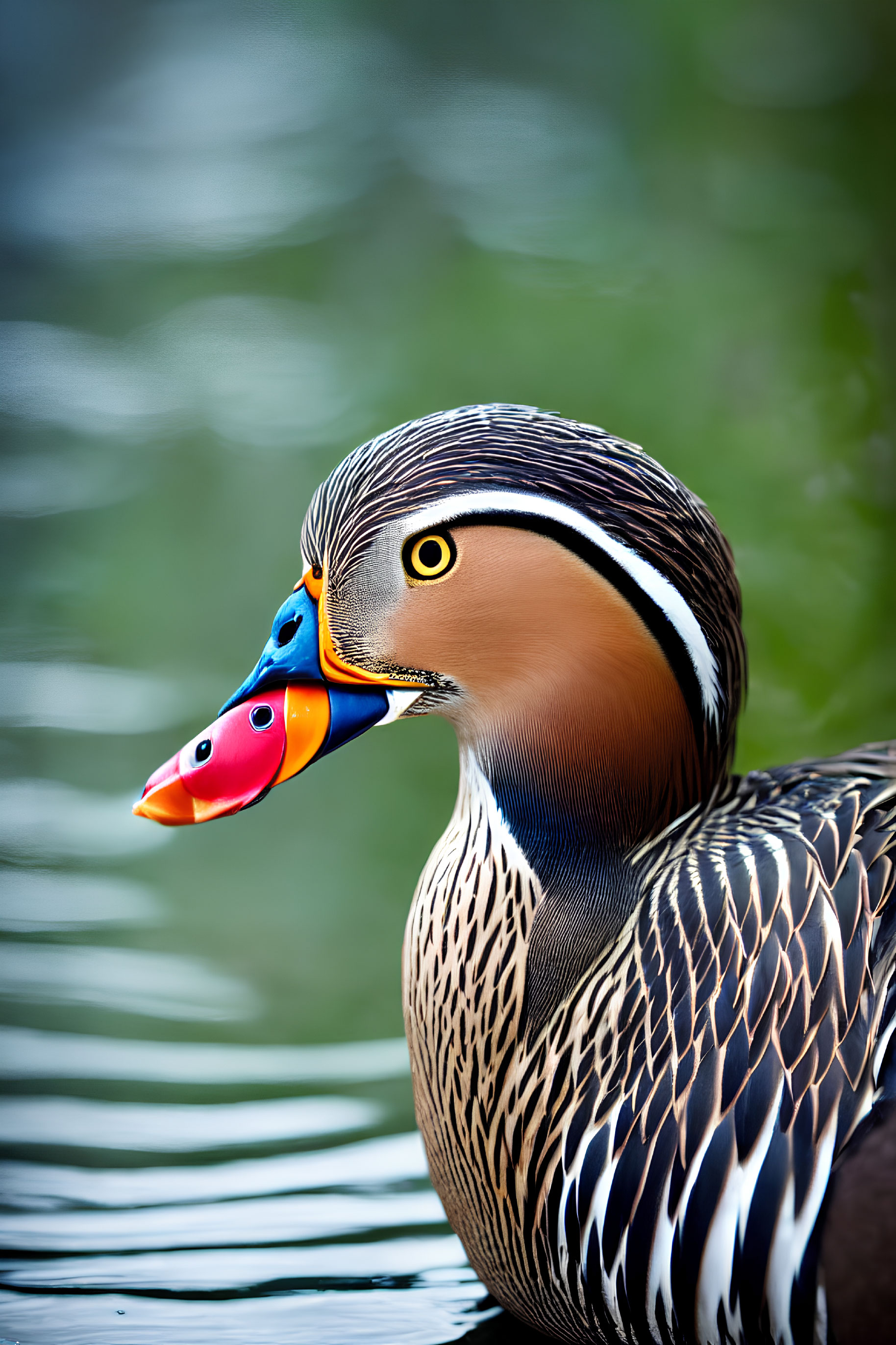 Vibrant Mandarin Duck with Orange, Blue, and Yellow Markings Swimming in Calm Water