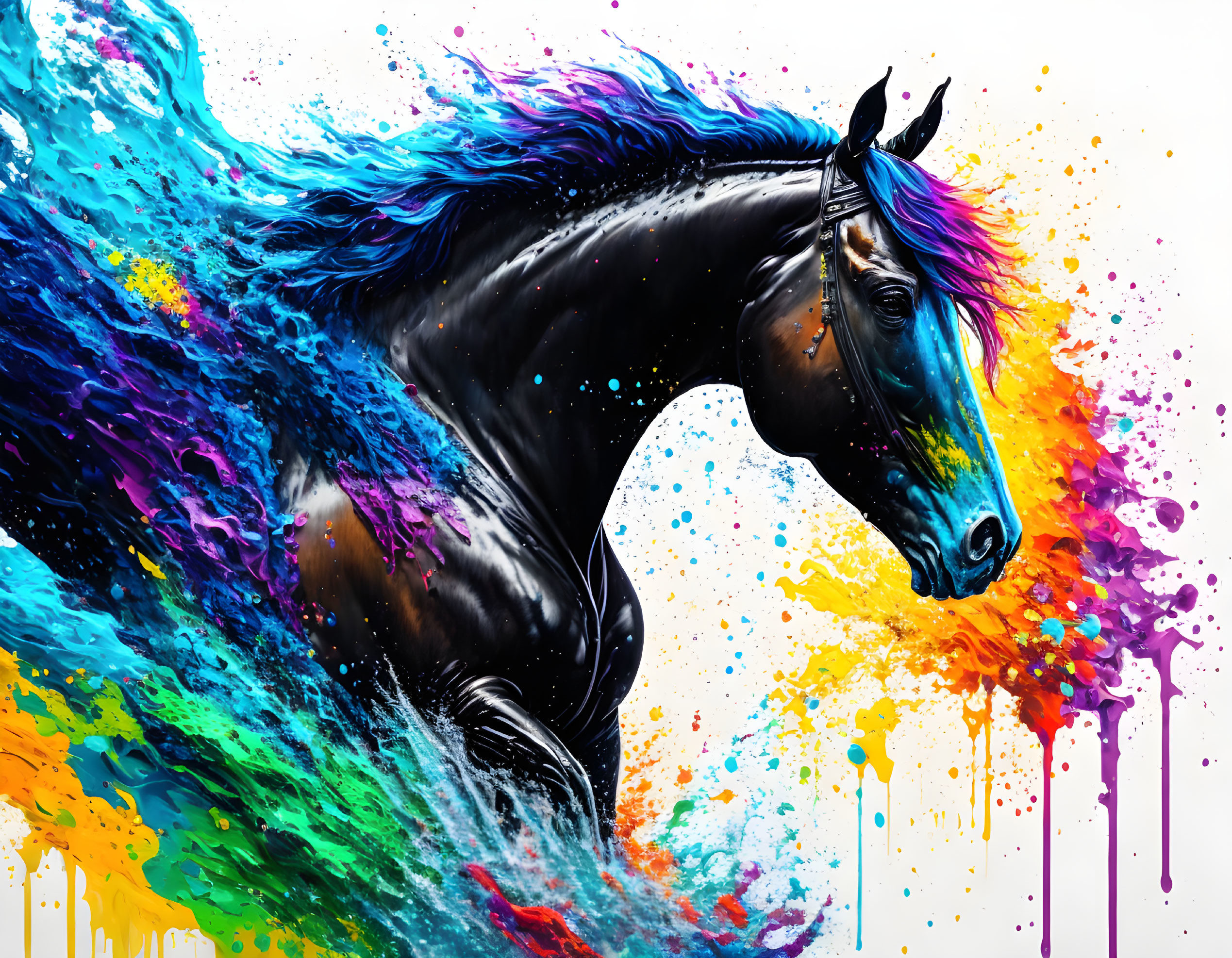 Colorful digital art: Black horse with paint splashes for mane and tail