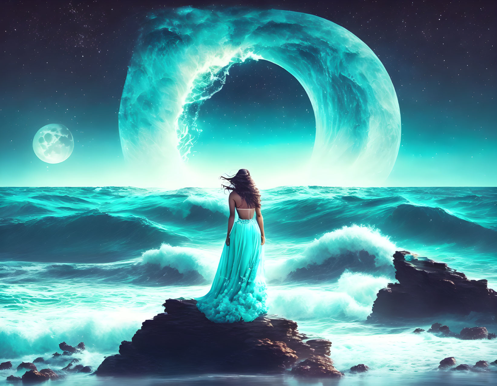 Woman in flowing dress gazes at surreal crescent moon scene on rocky shore