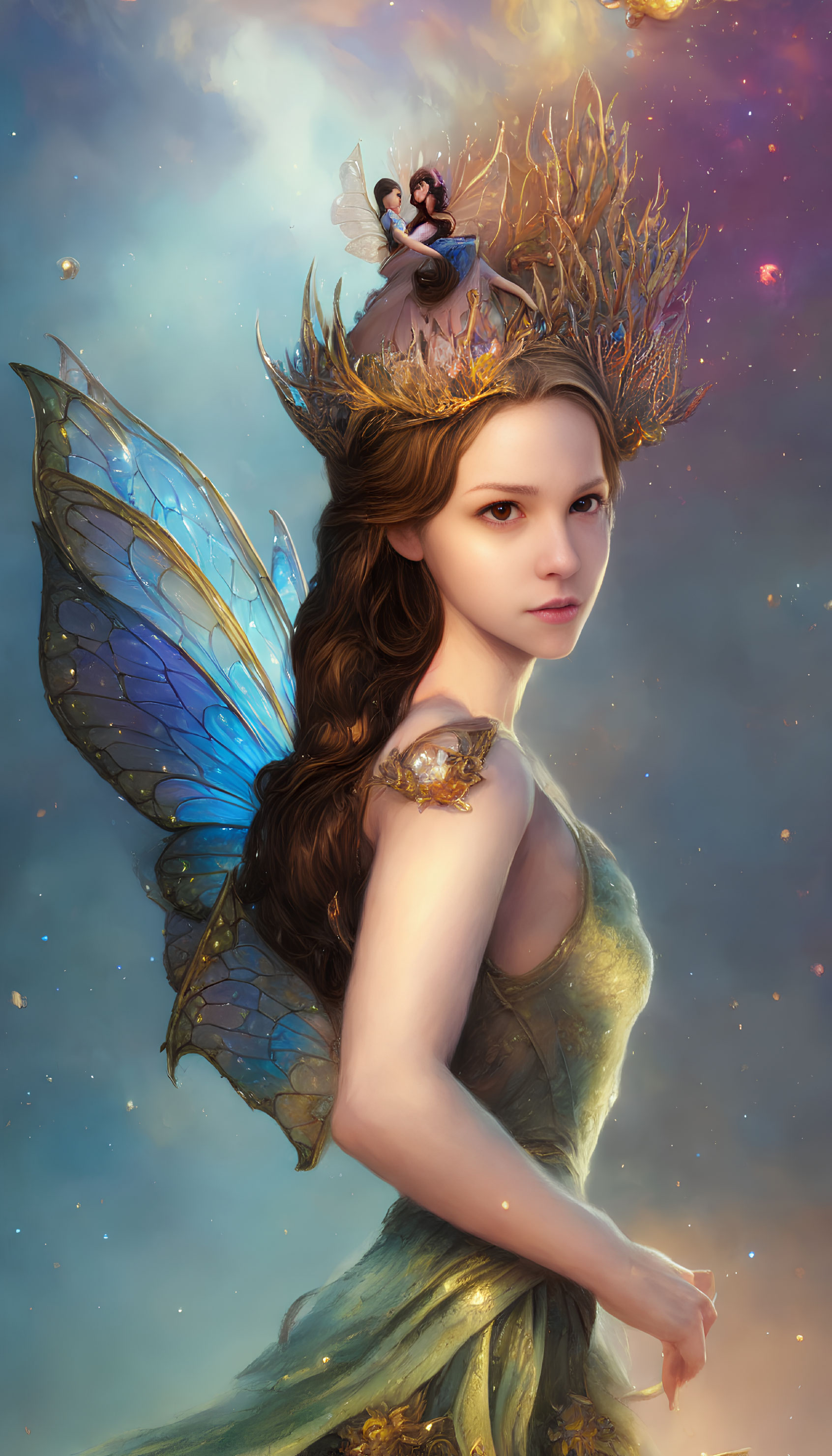 Whimsical digital artwork of fairy with blue wings and golden crown