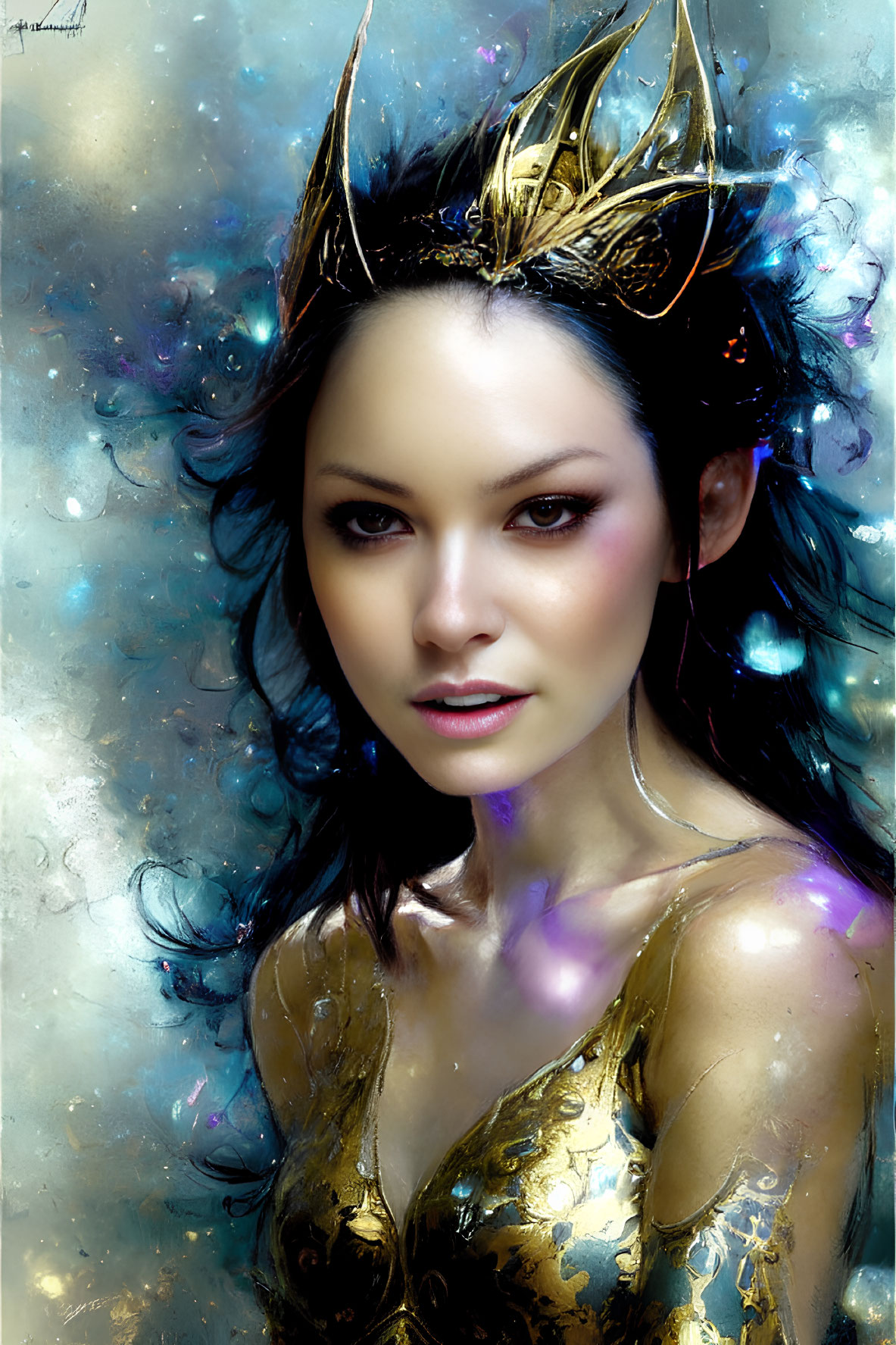 Dark-haired woman in golden crown and armor with magical aura