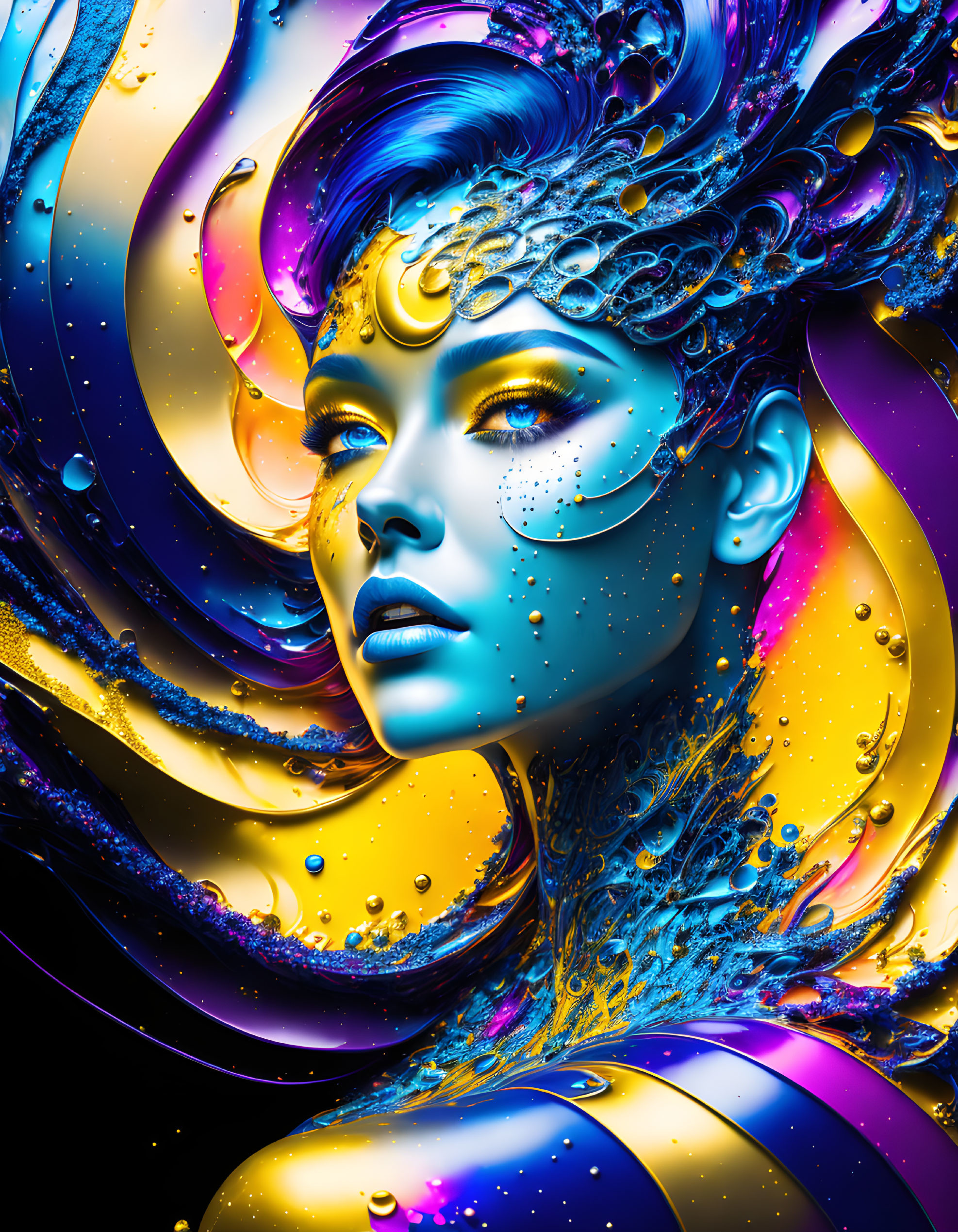 Colorful digital artwork of woman with blue skin and intricate gold headpiece.