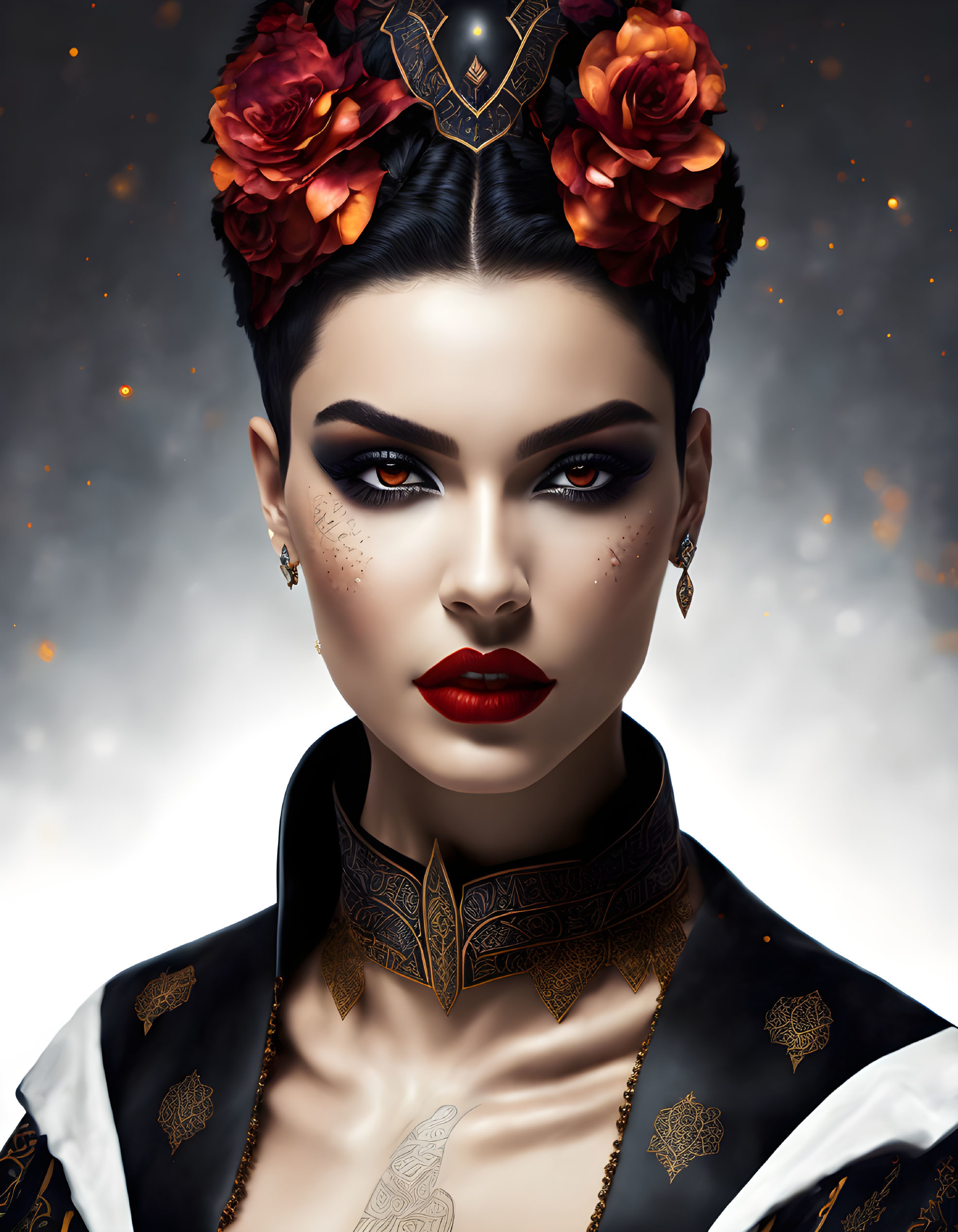 Woman with Red Flower Hair and Sharp Eye Makeup in Digital Art