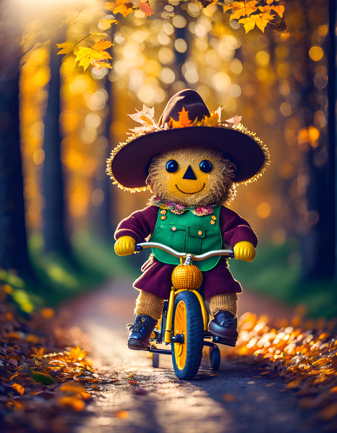 Button-faced scarecrow on tricycle in autumn scene with golden leaves