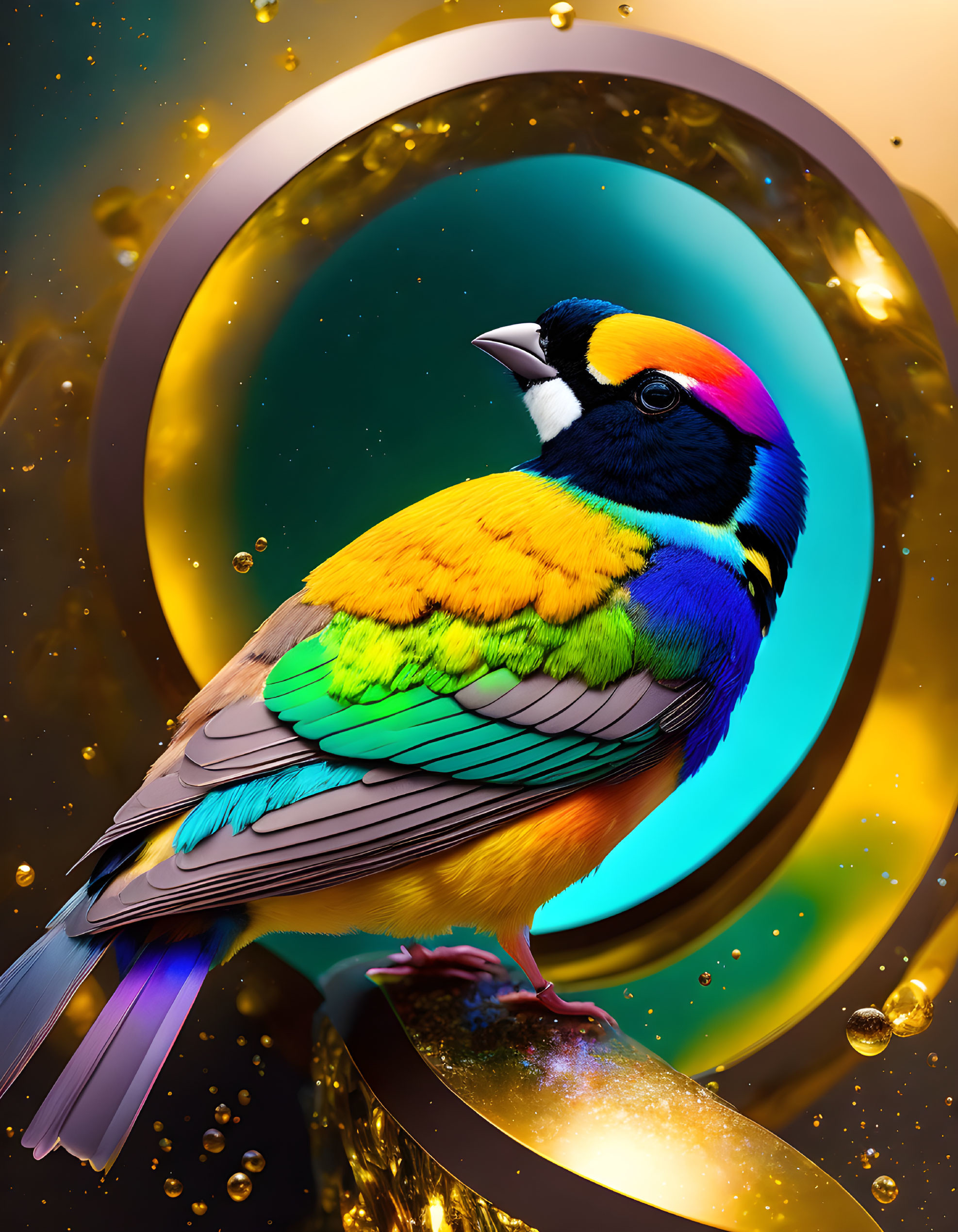 Colorful Rainbow Bird in Abstract Golden and Turquoise Environment