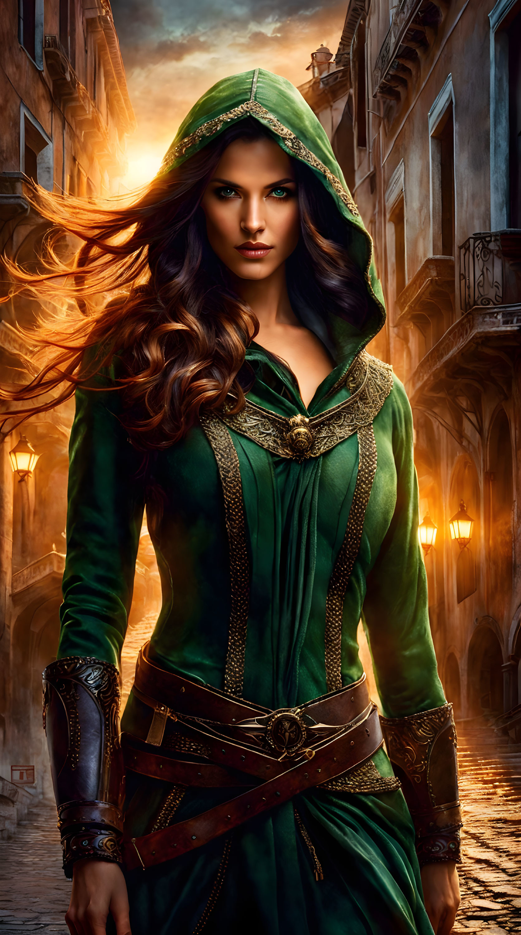 Woman in green medieval-style cloak in alleyway with long brown hair