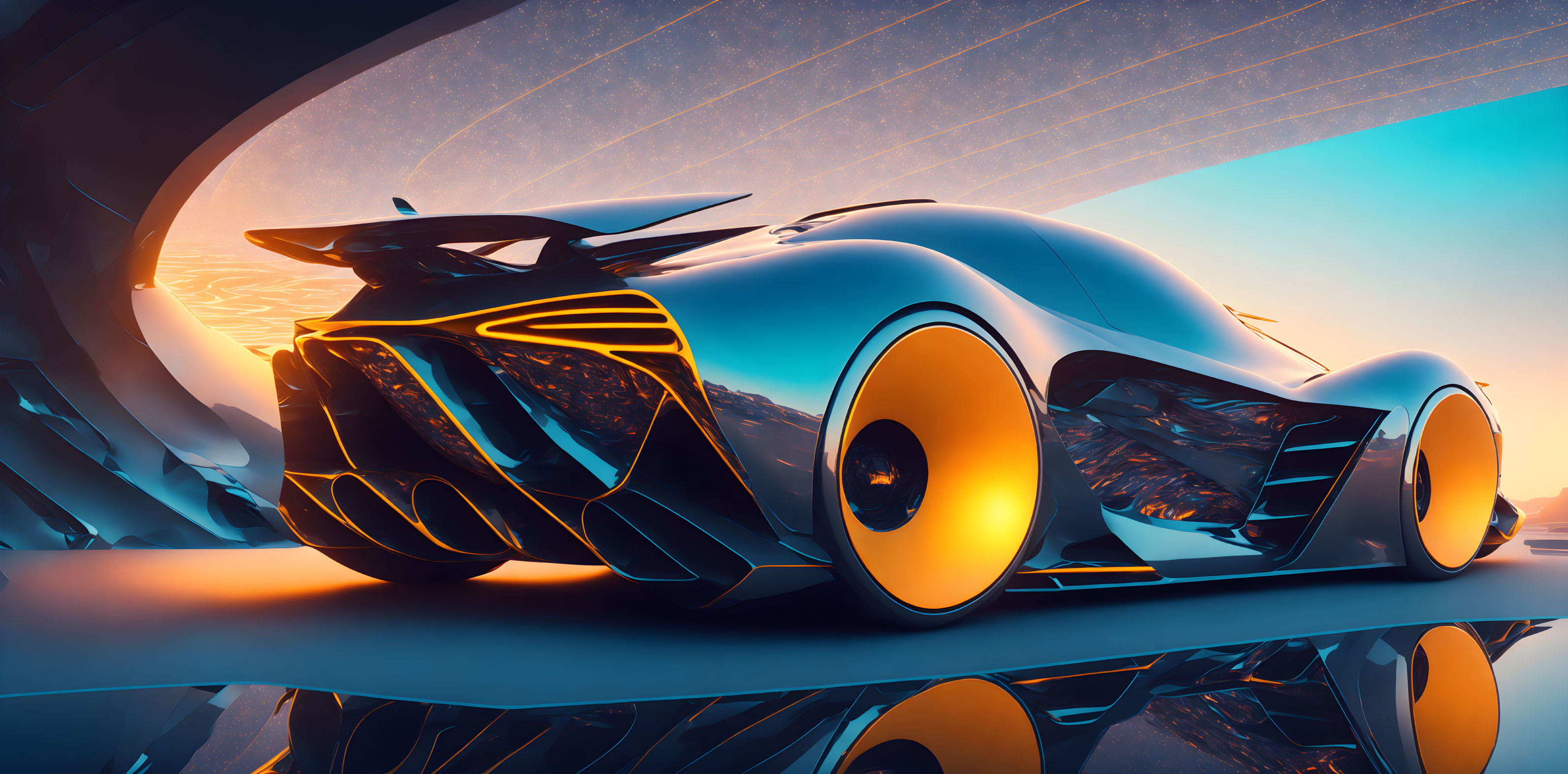 Sleek futuristic car with glowing orange accents in high-tech environment