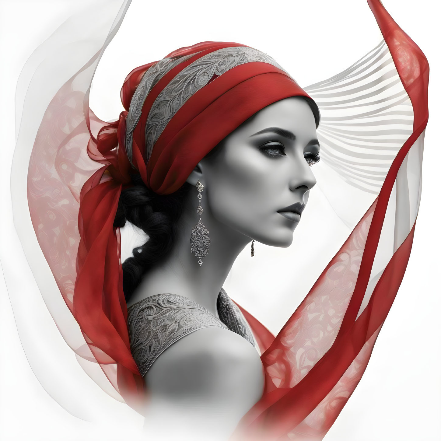 Woman with Red Headscarf and Intricate Skin Patterns in Flowing Fabric