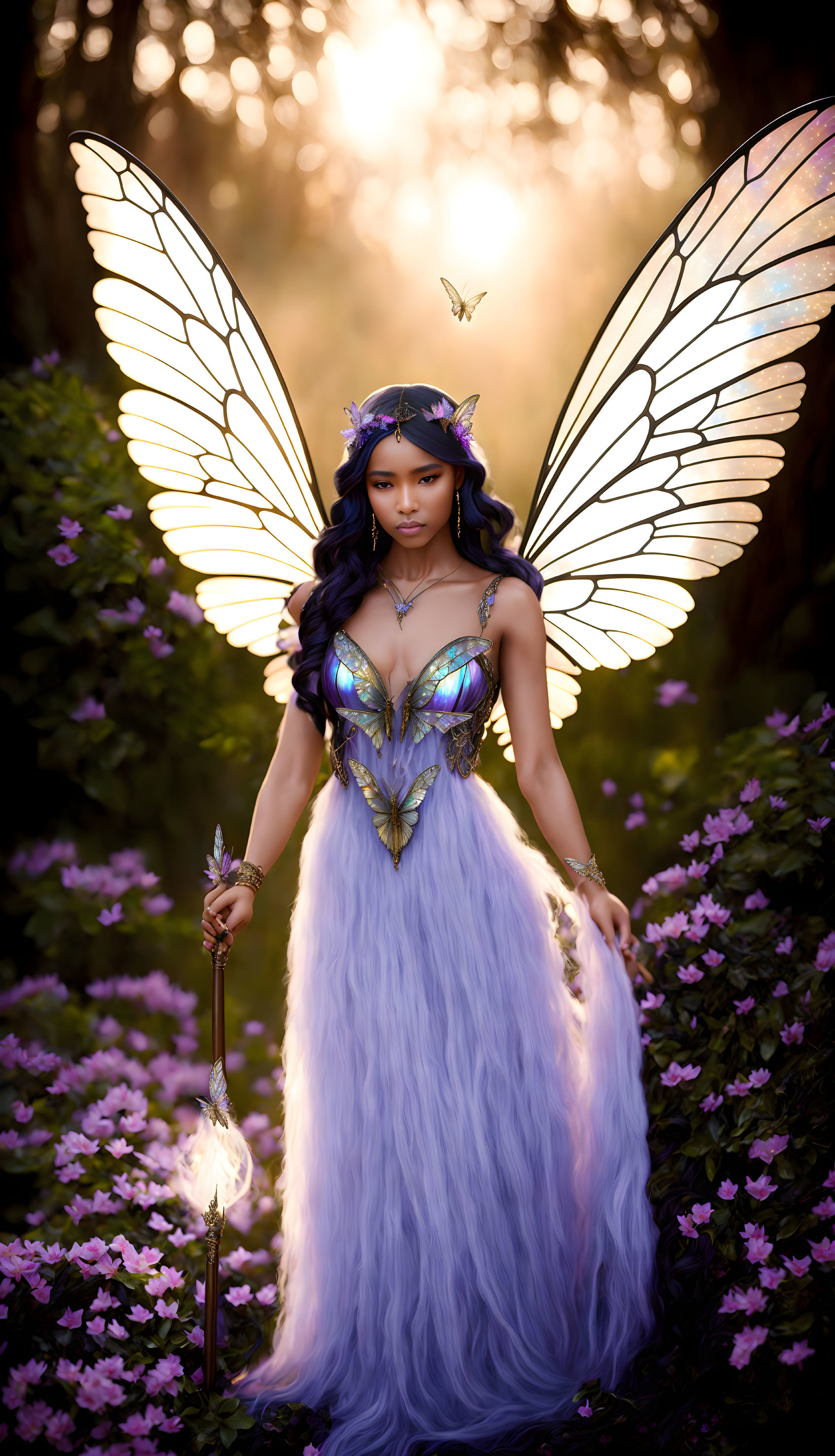 Fairy with Iridescent Wings in Flower-Filled Forest